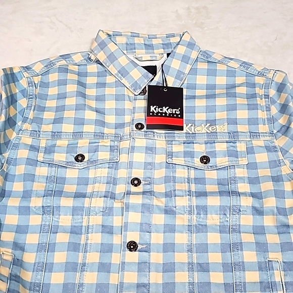 ♡ Kickers Women's Gingham Clasic Denim Button Down Jacket Blue Front Pockets M - Picture 3 of 12